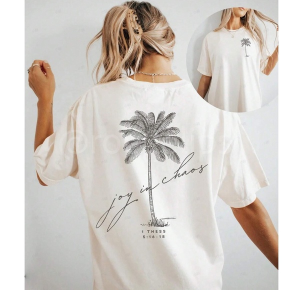 White Oversized Tee Crewneck Short Sleeve Printed Palm Tree - Picture 1 of 8